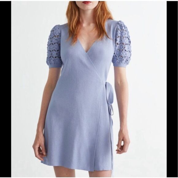 & Other Stories Light Blue Crochet Sleeves Knit Wrap Dress Sz S Women’s NWT‎ - Picture 1 of 9
